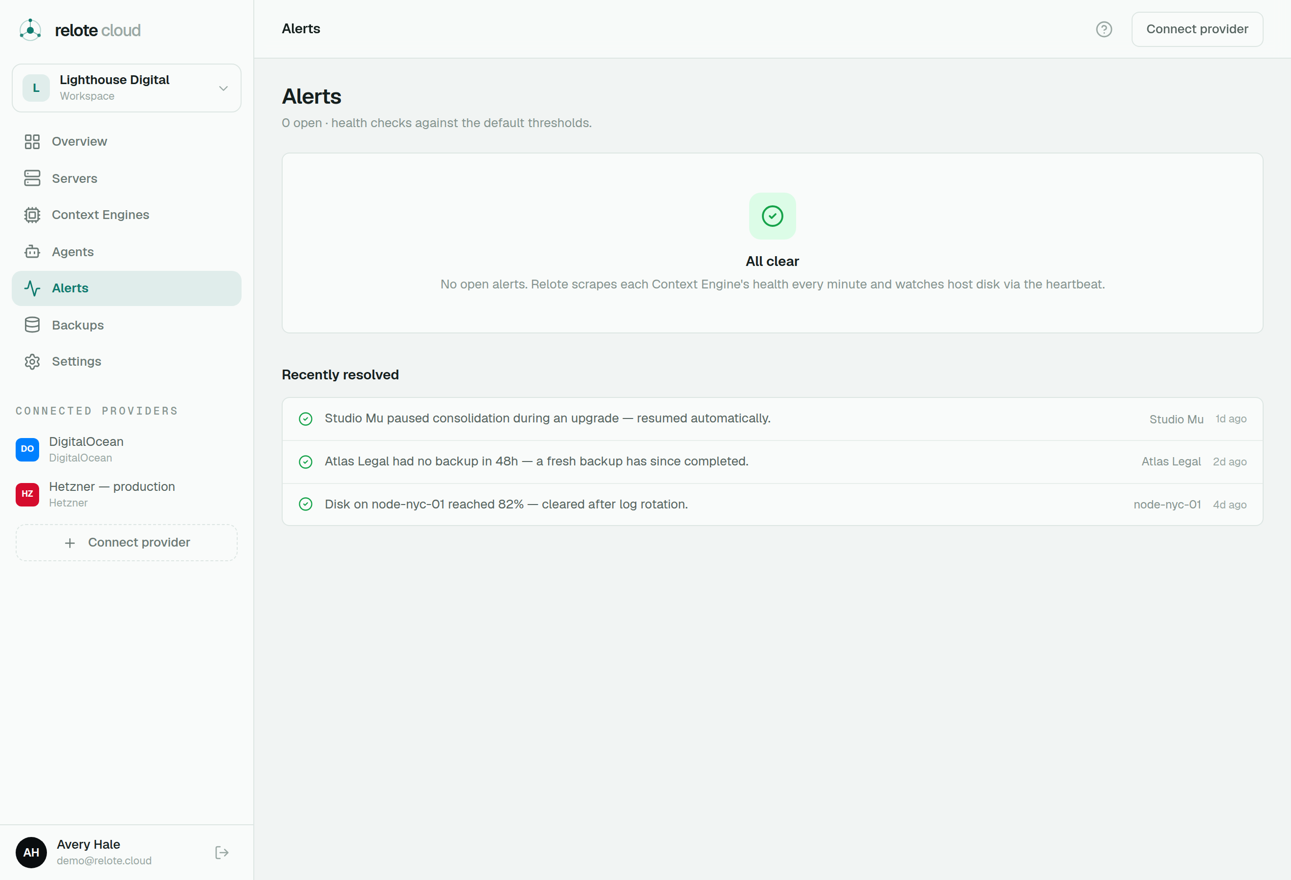 The Alerts page listing items with plain-language recommended actions