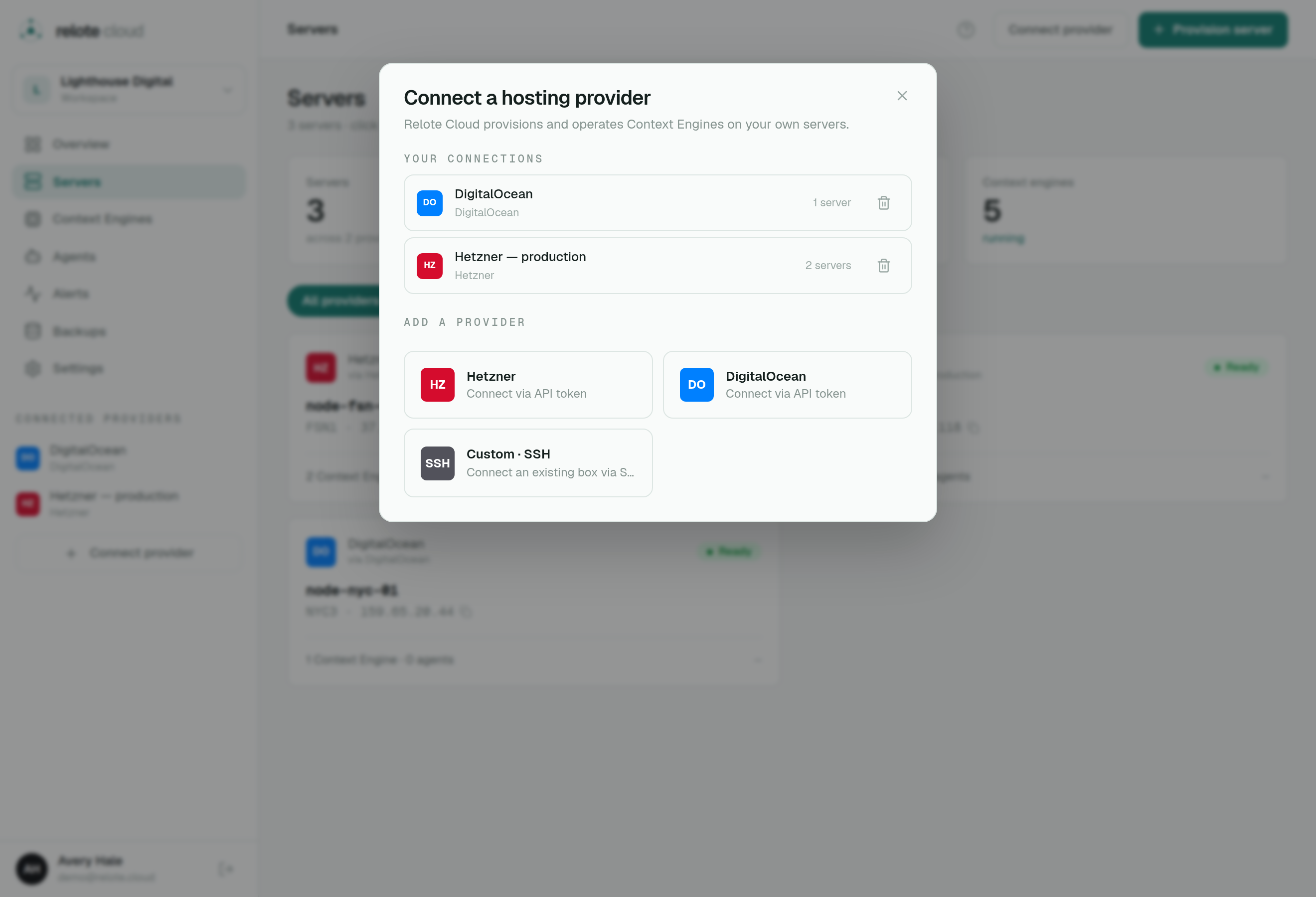 The Connect a hosting provider dialog with Hetzner, DigitalOcean and Custom SSH options