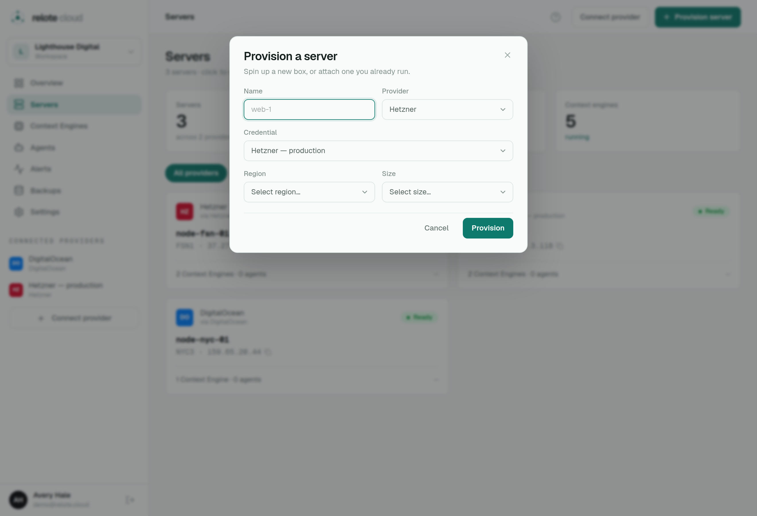 The Provision a server dialog with provider, credential, region and size fields