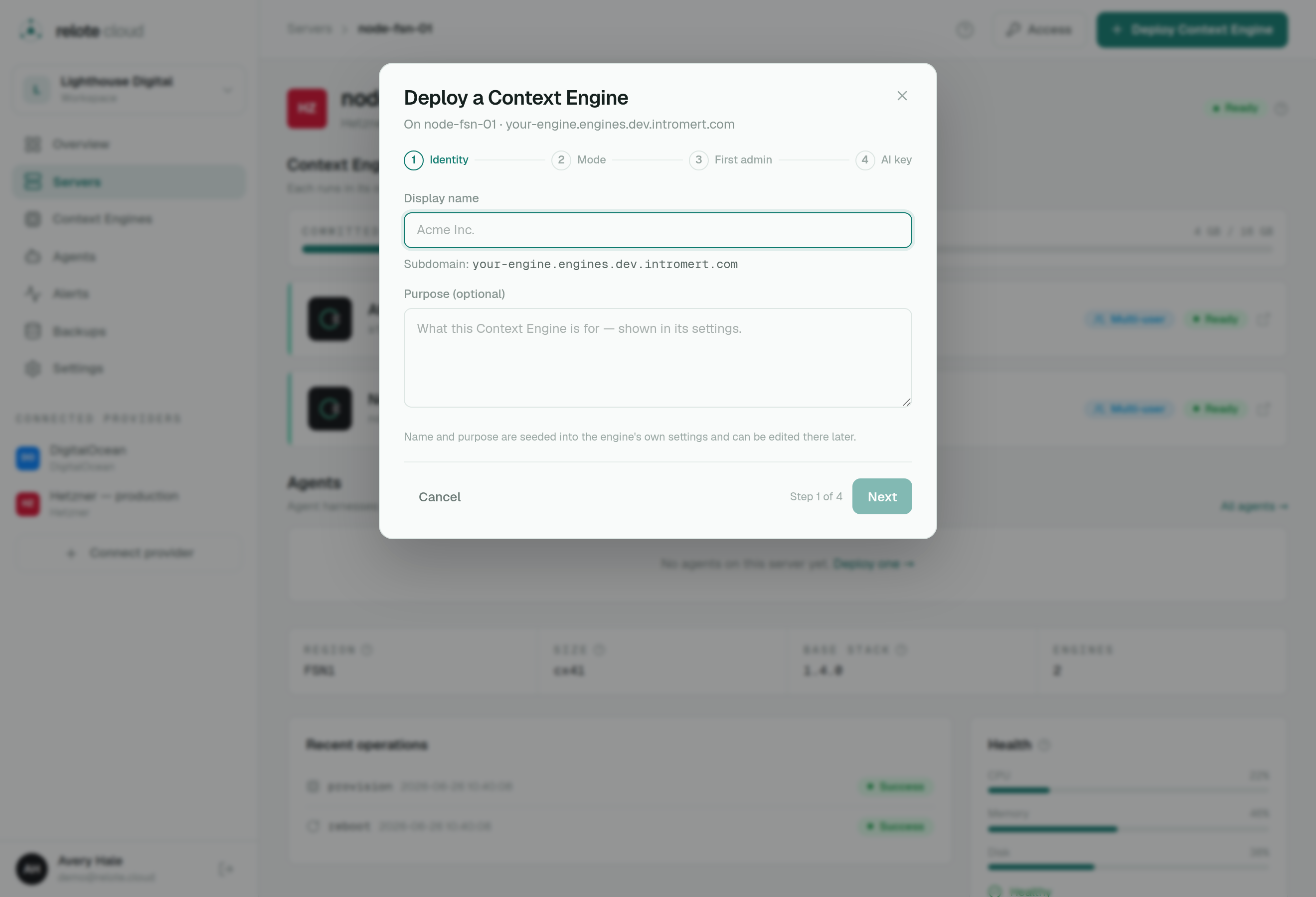 The Deploy a Context Engine wizard on its first step, choosing a name and subdomain