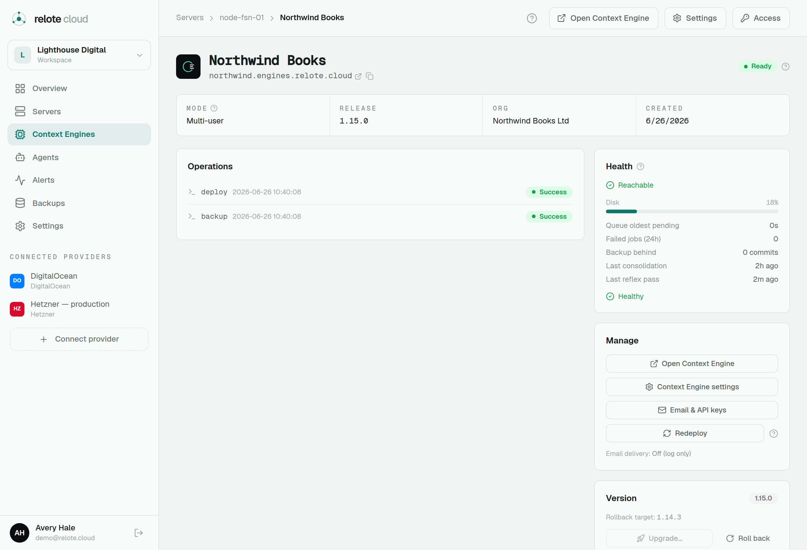 A live Context Engine's detail page with healthy status, metrics and version controls