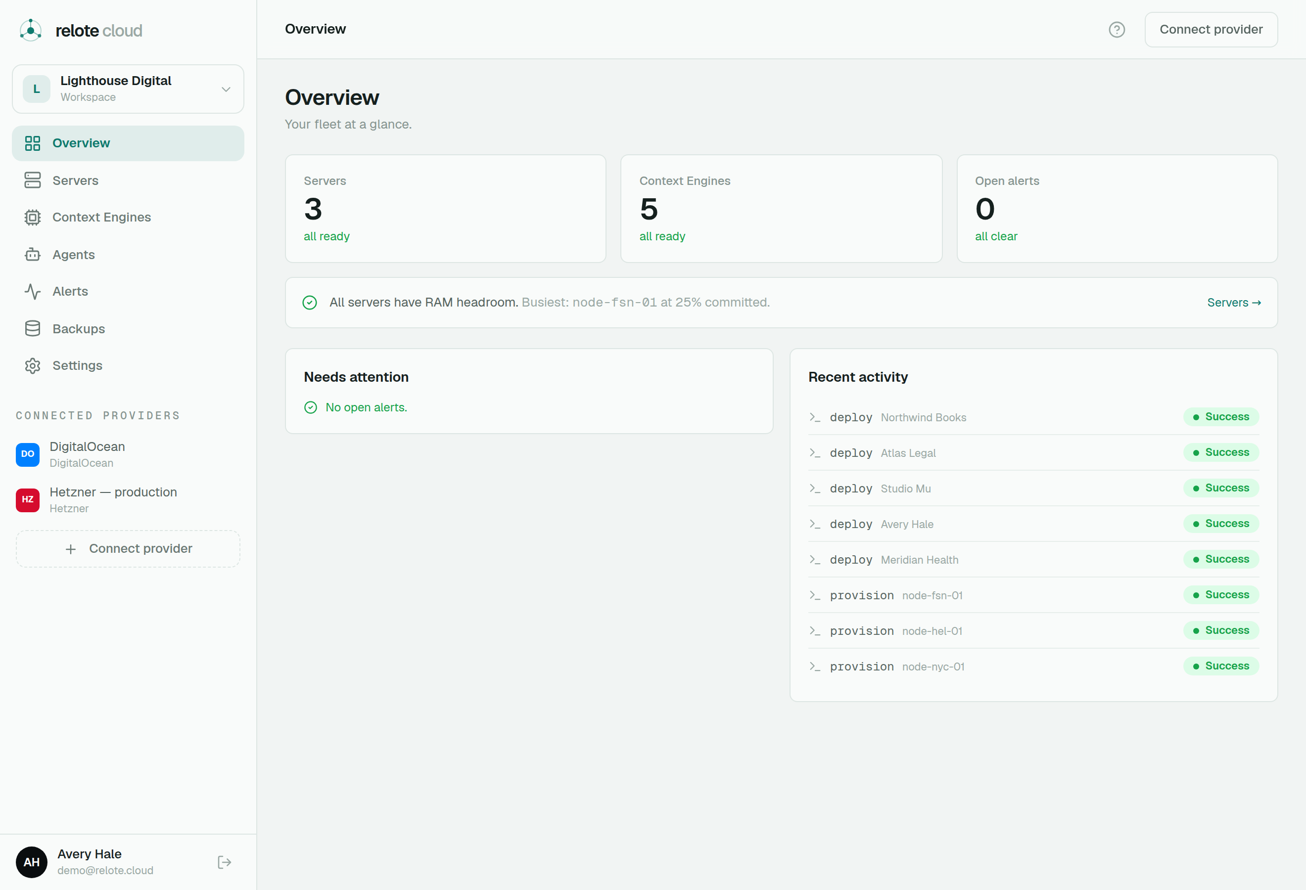 The Relote Cloud Overview page showing servers, engines and alerts all healthy