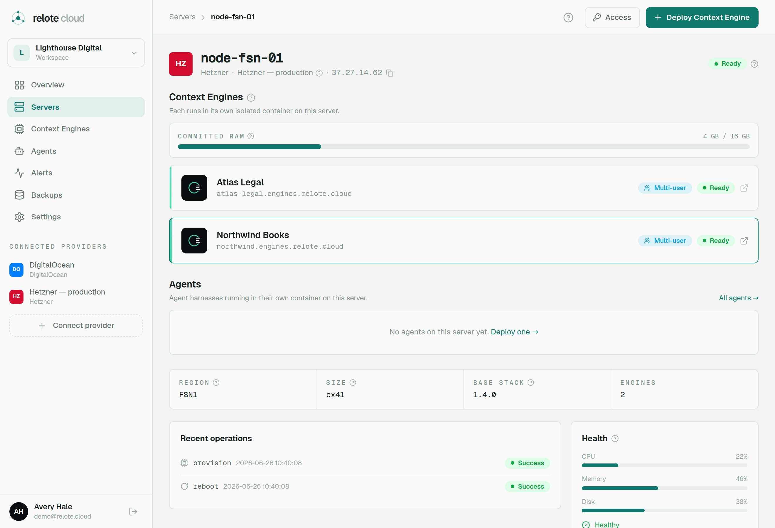 A server detail page with a committed-RAM bar, its engines, and health metrics