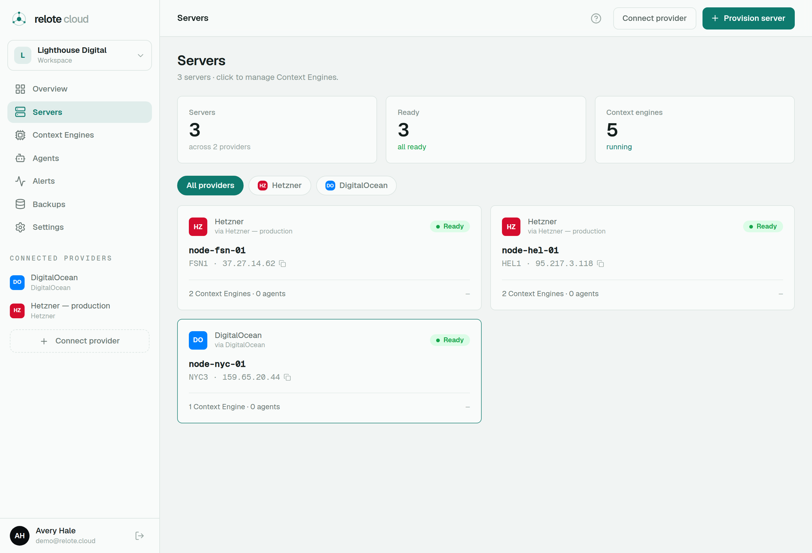 The Servers page listing three ready servers across Hetzner and DigitalOcean regions