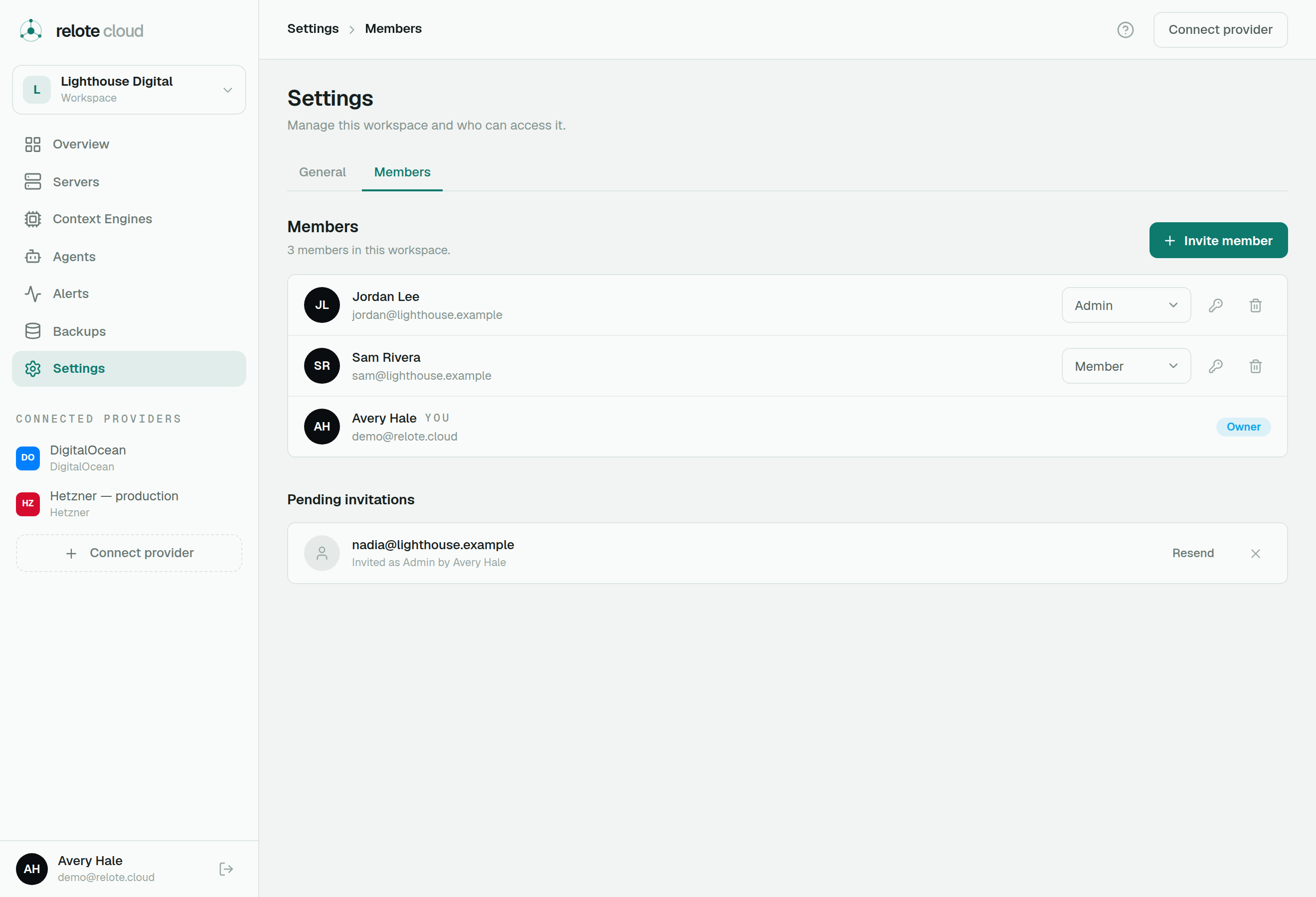 The Members settings page listing members with their roles and a pending invitation